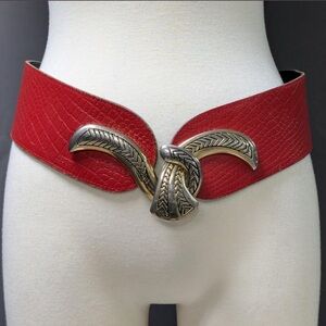 Magid Red Textured Wide Waist Belt with Decorative Gold-Tone Knot Buckle